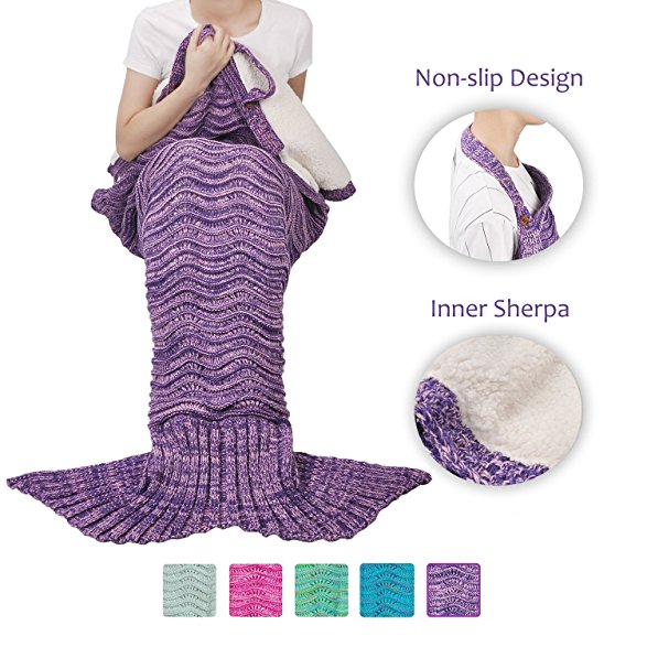 Adult Mermaid Tail Blanket, Super Soft Warm Crochet Mermaid Blanket with Sherpa Lined for Adult Teens Women, Anti-slip Neck Strap Design | Perfect for Women Girls Purple