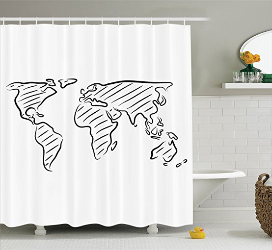 Wanderlust Decor Shower Curtain by Ambesonne, Illustration of an Outline Sketch of the World Map in Drawing Effect Artwork Print, Fabric Bathroom Set with Hooks, 84 Inches Extra Long, Black and White