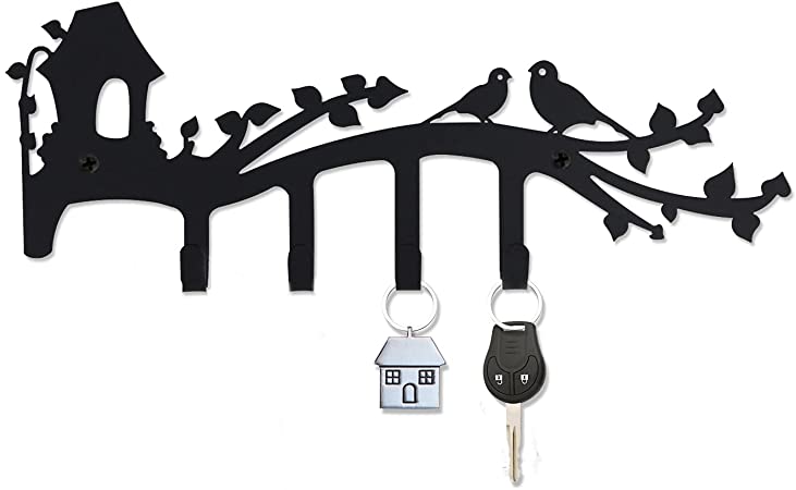 Decorative Wall Mounted Iron Key Holder, 12 inch with 4 Key Hooks Organizer for car or House Keys, Key Rack with Screws and Anchors (A Fine Spring Day)
