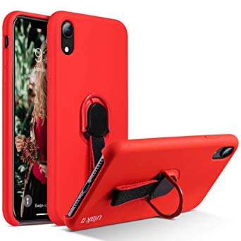 ULAK Liquid Silicone Case for iPhone XR with Finger Strap & Ring Loop Holder Kickstand, Gel Rubber Full Body Protection Shockproof Cover Case Drop Protection Case for Apple iPhone Xr 6.1, Red