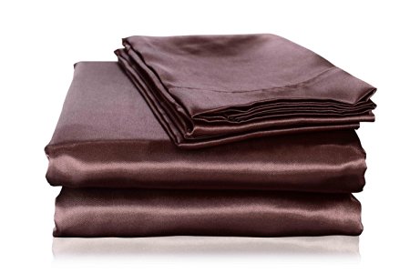 Honeymoon Satin 4PC Bedding Sheet Set, Wrinkle Free, Super Silky Soft Luxury Sheet & Pillowcase Sets - Queen, Chocolate