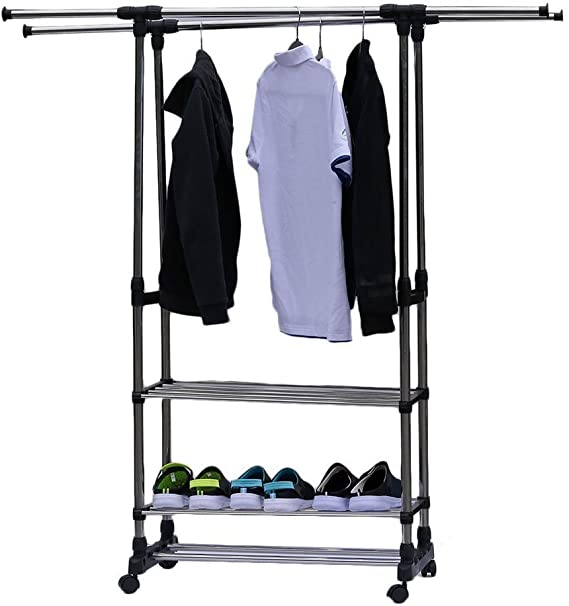 Dongtu Dual-bar Vertical & Horizontal Stretching Stand Clothes Rack with Shoe Shelf Ship From USA Warehouse (9)