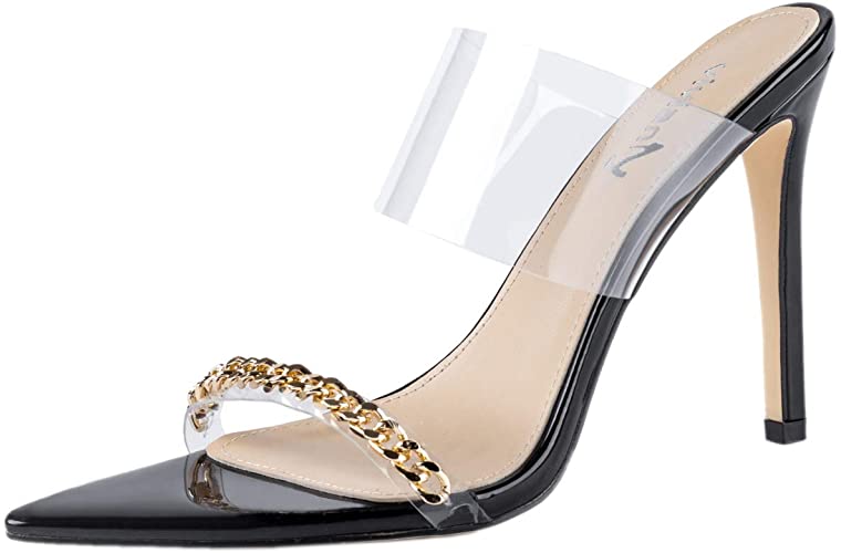 vivianly Clear Pointed Toe Sandals Stiletto Heels Transparent Strap High Heels Slip on Mules for Women