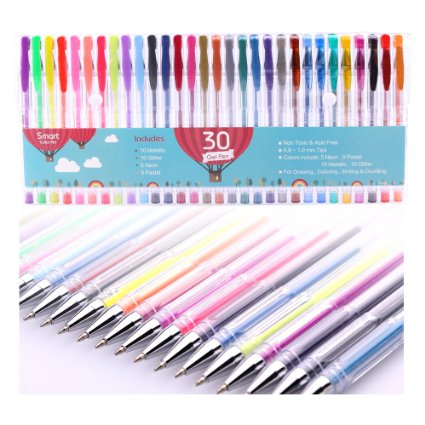 Smart Color Art - 30 Color Premium Gel Pen Set  Colors Included Classic Glitter Neon Pastel and Metallic  For Coloring Kids Sketching Painting Drawing Writing and Custom Artistic Creations