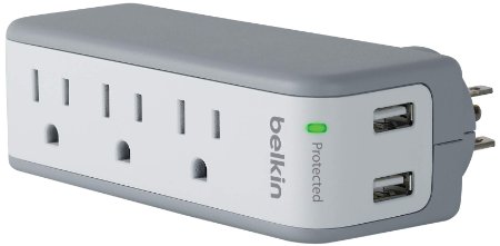 Belkin 3-Outlet SurgePlus Mini Travel Swivel Charger Surge Protector with Dual USB Ports 21 AMP  10 Watt BST300