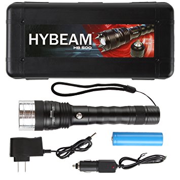 Hybeam HB-500 Ultra-Bright 500 Lumens LED Tactical Flashlight with Three Modes, Adjustable Zoom, Rechargeable Battery, Car and Wall Chargers, and Carrying Case