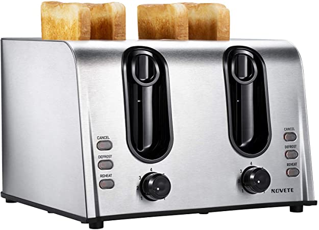 Toaster 4 Slice Best Rated Prime, NOVETE Retro Style Brushed Stainless Steel Toaster, 1.5’’ Extra-Wide Slot, 7 Shade Settings, Defrost/Reheat/Cancel Functions, Compact Bread Toaster for Breads/Bageles