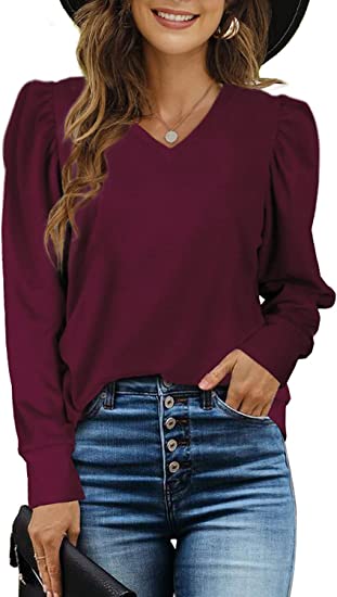 Sieanear Women's Puff Long-Sleeve V-Neck Sweater Casual Tunic Tops