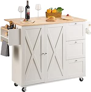 VEVOR Kitchen Island Cart with Solid Wood Top, 45.3" Width Mobile Carts with Storage Cabinet, Rolling Kitchen Table with Spice Rack, Towel Rack, Drop Leaf and Drawer, Portable Islands on Wheels, White