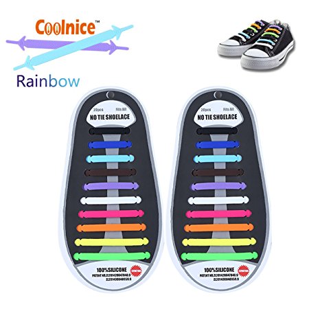 Elastic No Tie Shoe Laces by Coolnice, Silicone Shoelace Lock Bands for Kids or Adults 20 Pc DIY for sneakers, boots, running, triathalon