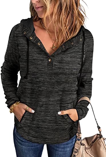 Dokotoo Womens Button Collar Drawstring Stitching Sweatshirts Hoodies Pullover