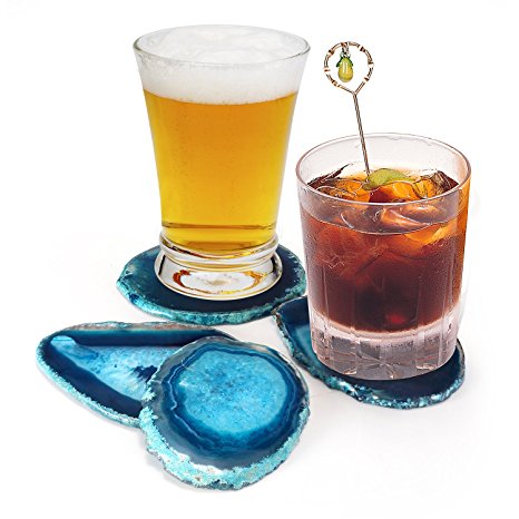 Pantrasamia Agate Coaster Cup Mat Natural Sliced Agate Beverage Coasters for Drinks Gift Set of 4 Plates (3.5-4 Inch, Blue)