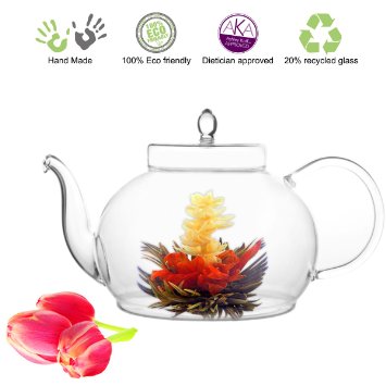 Blooming Tea Glass Teapot Polo, 45oz/1330ml Stainless Steel Strainer Non-Drip Friendship Series