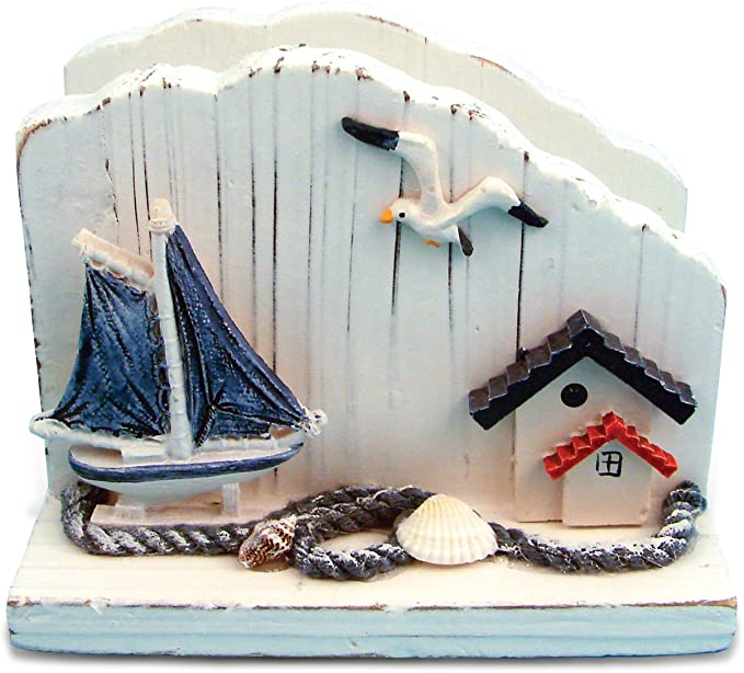 Puzzled White Wooden Sailboat Napkin Holder, 5 Inch Intricate & Meticulous Tropical Wood Art Handmade Tabletop Paper Towel Tissue Organizer Nautical Beach Themed Bar Supply Home & Kitchen Accessory