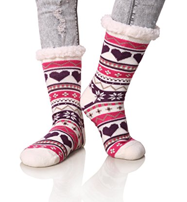 Dosoni Women's Snowflake Fleece Lining Knit Christmas Knee Highs Stockings Slipper Socks