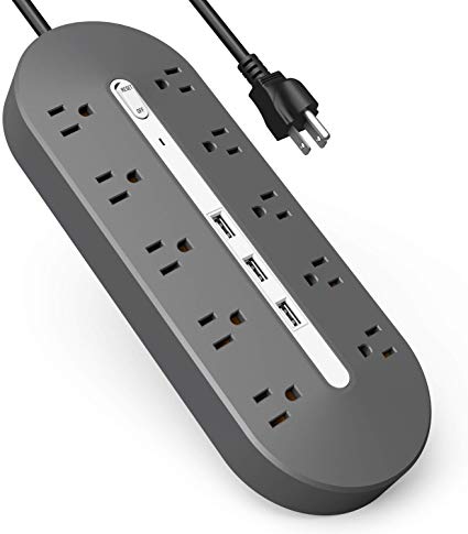 Power Strip,Klearlook Surge Protector Power Strip with 10 AC Outlets (1625W/13A)3 USB Fast Charging Ports (2.4A Max) 6.5Ft Long Extension Cord Wall Mountable Multiplug Strip for Appliances Home Office
