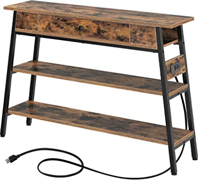 Rolanstar Entryway Table with Outlets and USB Ports, 47” Console Table with Drawers, Sofa Table Narrow Long with Storage Shelves for Living Room, Couch, Hallway, Foyer, Kitchen Counter,Rustic Brown