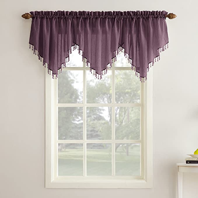 No. 918 Erica Crushed Texture Sheer Voile Beaded Ascot Rod Pocket Curtain Valance, 51" x 24", Purple