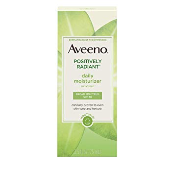 Aveeno Positively Radiant Daily Facial Moisturizer with Total Soy Complex and Broad Spectrum SPF 30 Sunscreen, Oil-Free and Non-Comedogenic, 2.5 fl. oz