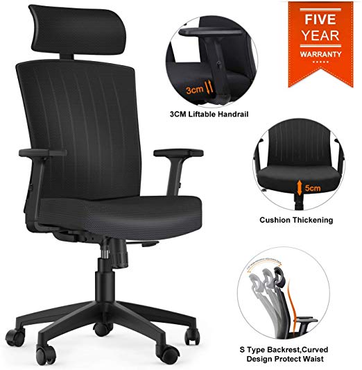 Komene Office Desk Chair,5 Years Warranty Weight Hold Up 250IBS ,Comfortable Thick Seat Cushion Ergonomic Computer Chair with Adjustable Headrest Armrests Seat Height,High Back Black 172C