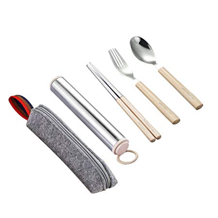 Fork Spoon Chopsticks Set, Rerii Stainless Steel Cutlery Set, Portable Flatware Set, Travel Utensils Set with Carrying Case, Bag for Work, Outdoor Travel