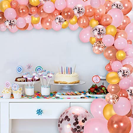 Rose Gold Balloons Garland Arch Kit DIY Decoration set, 125pcs :Rose Gold  Gold Pink  White large Confetti with Balloon Strip and ribbon, for Birthday, Party, Christmas, Wedding, Anniversary( 2 Sizes ,10in and 12in)