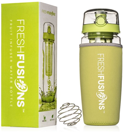 Fresh Fusions Water Infuser - 32 oz - Fruit Infused Water Bottle - Protein Shaker Coil - Sleeve Combo Pack