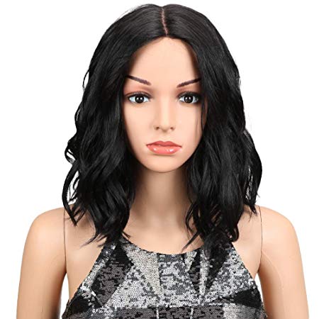 Style Icon Short Wavy Wig 12" Middle Part Lace Wig Synthetic Wigs for Women Black Wig Density 130% (12", 1B) (12", 1B)