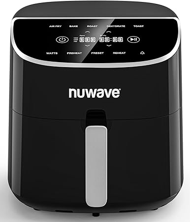 Nuwave Brio Plus 8 Qt Air Fryer, PFAS Free, New & Improved, Digital Touch Screen, Cool White Display, 50°F~400°F in Precise 5°, 5 Cook Functions, 100 Presets & 50 Memory, 3 Wattages 700, 1500, 1800