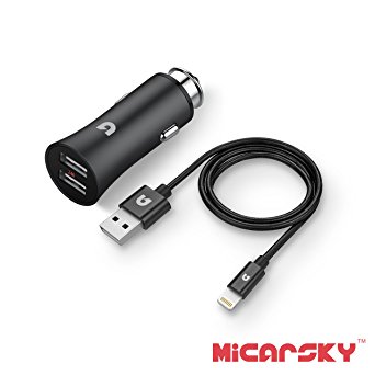Micarsky Car Charger Dual USB   3ft Lightning to USB Cable Combo for iPhone 7Plus / 7/ 6s / 6/iPad, Supporting Max 2.4A/port Output Metal Unibody Safe Car Charger for Samsung and More