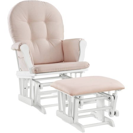 Windsor Glider and Ottoman White Finish and Pink Cushions Enclosed metal bearings Solid wood frames