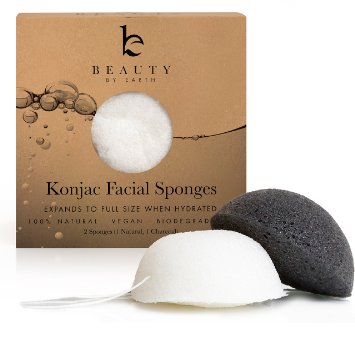 Konjac Facial Sponge - Pack Of 2 Sponges (Charcoal Black & Natural White) For Sensitive To Oily Skin