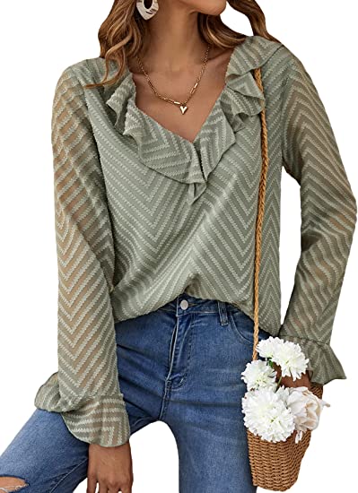 Milumia Women's Casual Chevron Striped Ruffle Trim V Neck Long Sleeve Blouse Tops