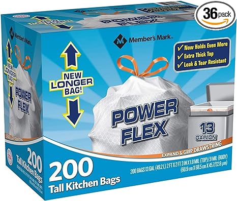 Member's Mark 13 gallon Tall Kitchen Bags New Longer Bag (200 Bags), 200Count