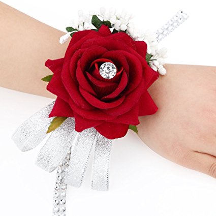 FAYBOX Velvet Open Rose Silvery Bling Ribbon Rhinestone Stretch Bracelet Wedding Prom Wrist Corsage Hand Flower Pack of 2 WineRed