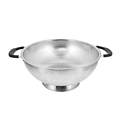 U.S. Kitchen Supply 5 Quart 11" Stainless Steel Micro Perforated Colander Strainer Basket with Coated Heat Resistant Wide Handles - Bowl to Strain, Drain, Rinse, Steam or Cook Vegetables & Pasta