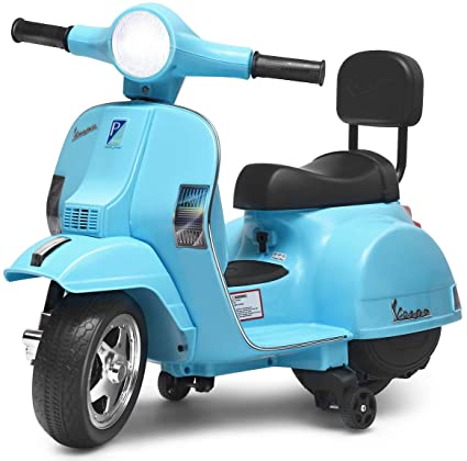 Costzon Kids Vespa Scooter, 6V Battery Powered Ride on Motorcycle w/ Training Wheels, Music & Horn, LED Lights, Forward/Reverse, Rechargeable Electric Vehicle Gift for Toddler Boys Girls (Light Blue)
