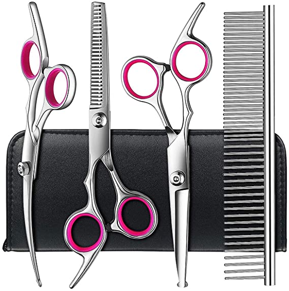 TINMARDA Dog Grooming Scissors kit with Safety Round Tips, Stainless Steel Professional Pet Grooming Trimmer Kit - Thinning, Straight, Curved Shears and Comb for Long Short Hair for Cat Pet