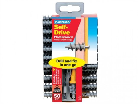 Plasplugs Self-Drive Plasterboard Fixings 50 Pack Includes Drill & Driver