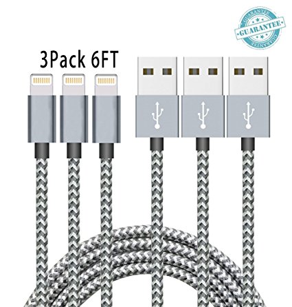 iPhone Cable DANTENG, 3Pack 6FT Extra Long Charging Cord - Nylon Braided 8 Pin to USB Lightning Charger for iPhone 7,SE,5,5s,6,6s,6 Plus,iPad Air,Mini,iPod(Grey White)