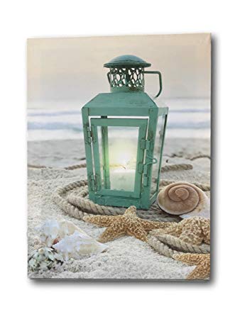 BANBERRY DESIGNS Beach Decor - LED Print with a Teal Lantern Sitting on The Beach - Seaside Setting with Shells and Starfish - Ocean Prints