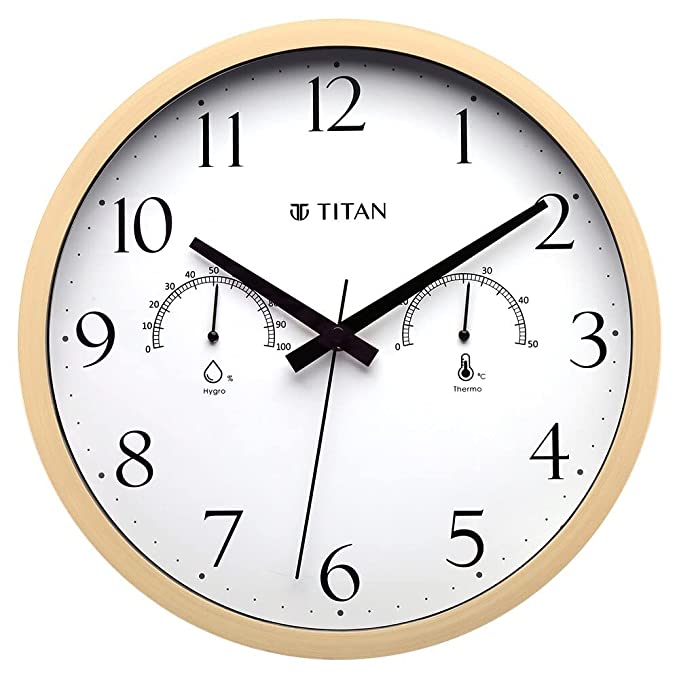 Titan Contemporary Wooden Finish White Wall Clock with Thermometer & Hygrometer - 30 cm x 30 cm (Medium)