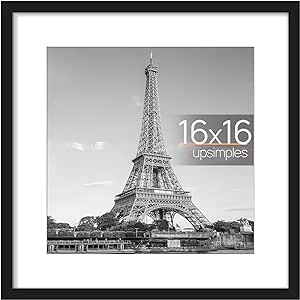 upsimples 16x16 Picture Frame, Display Pictures 12x12 with Mat or 16x16 Without Mat, Wall Hanging Poster Frame, Black, 1 Pack