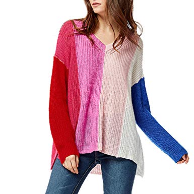 Giftu Womens Loose V-Neck Contrast Color Oversized Pullover Sweater Knit Jumper