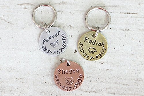 Small hand stamped pet tag 3/4 inch for kitten, small breed dog, or purse charm, key chain, or backpack pull