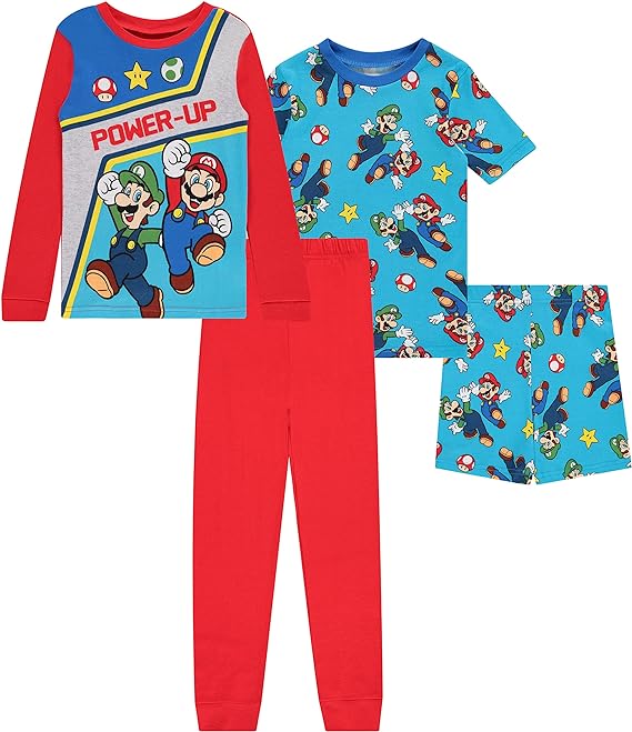 Nintendo Boys Mario Pajamas Set - 4 Piece Short Sleeve Super Mario Pajamas - Short Sleeves, Shorts and Pants Pajamas Set