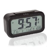 Peakeep Dual Alarm Streamlined Night Activated Smart Light LCD Digital Alarm Clock Battery Operated with Snooze Function Optional Weekday Alarm Mode and Large Display Black