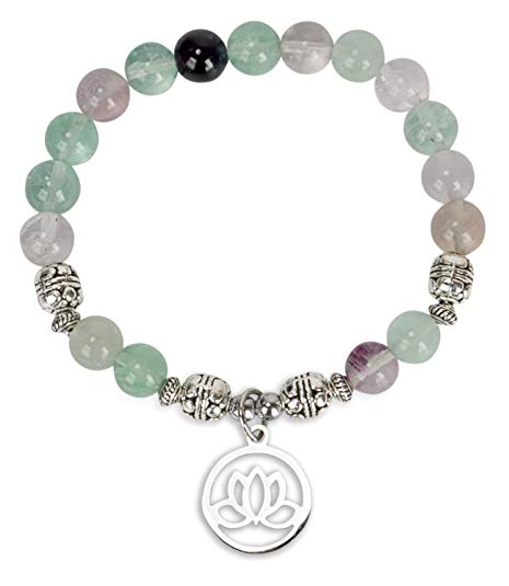 SPUNKYsoul Lotus Crystal Fluorite Healing Energy Bead Bracelet for Women Stainless Steel and Alloy