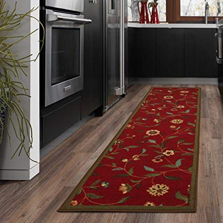 Ottomanson Ottohome Collection Floral Garden Design Modern Runner Rug Skid (Non-Slip) Rubber Backing (Red Flora) Area, 20" X 59", Red Floral