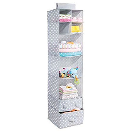 mDesign Nursery Fabric Hanging Closet Storage Organizer with Shelves and Drawers – Gray/White